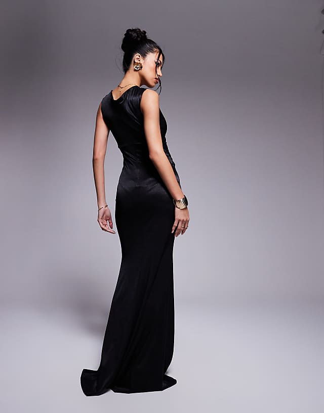 Asos Goddiva Satin Off The Shoulder Maxi Dress In Black