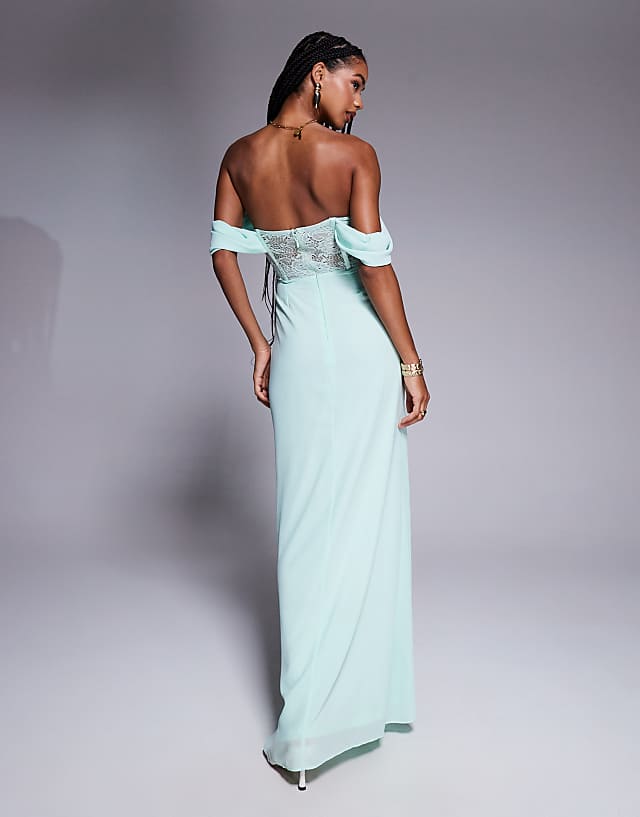 Asos Goddiva Scalloped Lace & Chiffon Winged Corset Bodice Maxi Dress In Mint