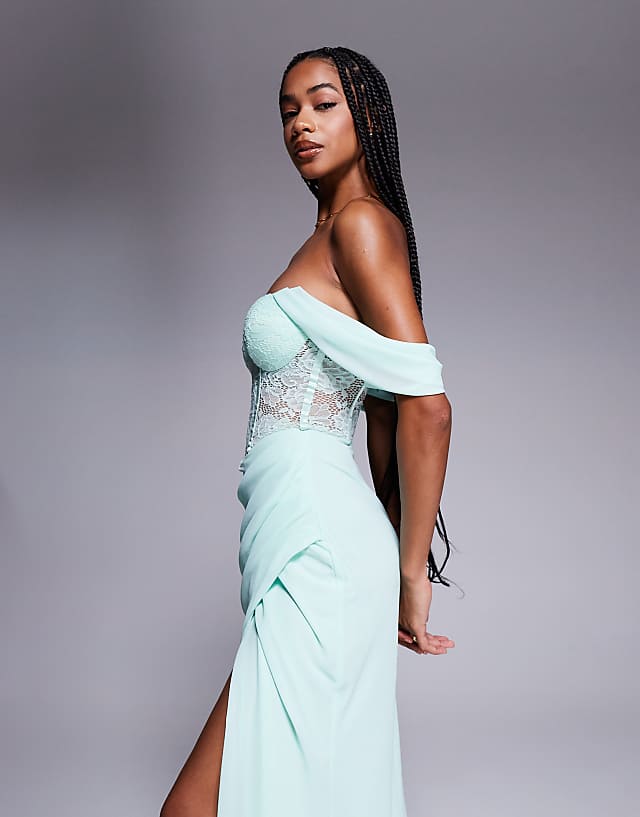 Asos Goddiva Scalloped Lace & Chiffon Winged Corset Bodice Maxi Dress In Mint