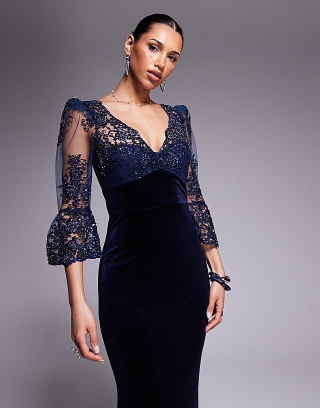 Asos Goddiva Scalloped Lace & Velvet Maxi Dress In Navy