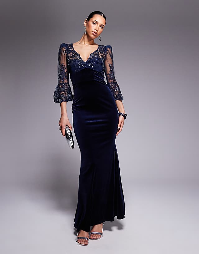 asos Goddiva Scalloped lace & velvet maxi dress in navy