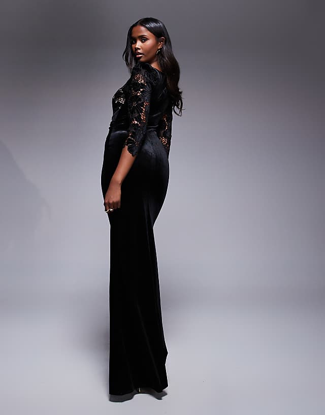Asos Goddiva Scalloped Velvet Crochet Maxi Dress In Black