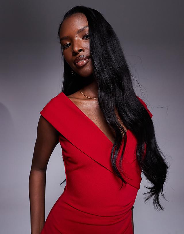 Asos Goddiva Scuba Crepe Off Shoulder Front Split Maxi Dress In Red