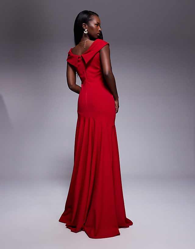 Asos Goddiva Scuba Crepe Off Shoulder Front Split Maxi Dress In Red