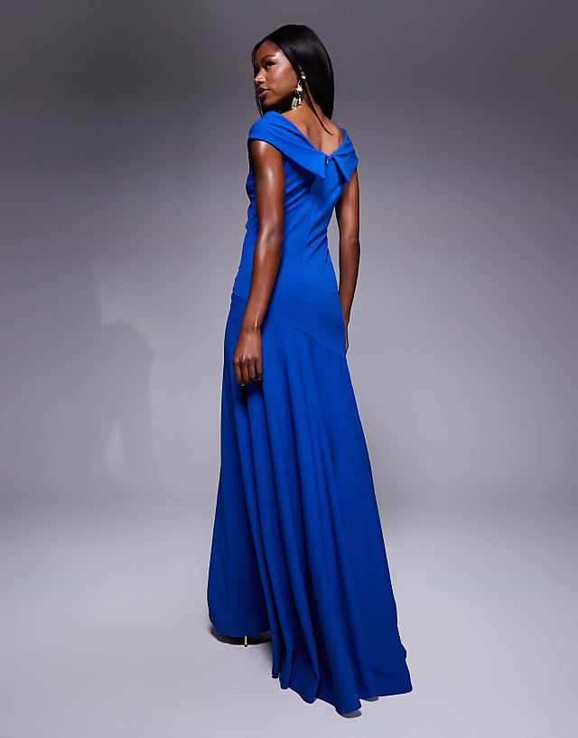 Asos Goddiva Scuba Crepe Off Shoulder Front Split Maxi Dress In Royalblue
