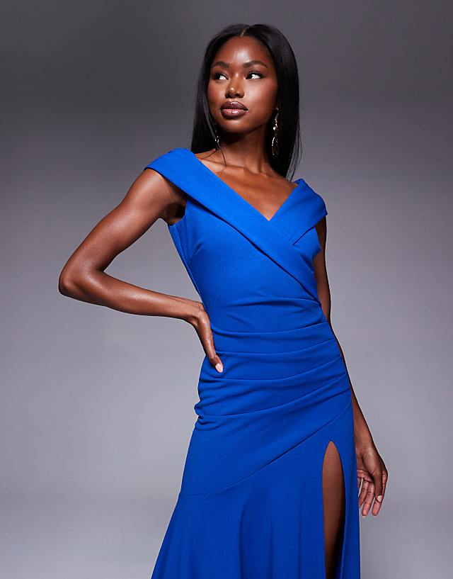 Asos Goddiva Scuba Crepe Off Shoulder Front Split Maxi Dress In Royalblue