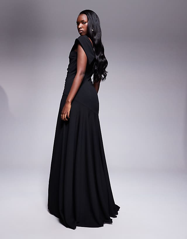 Asos Goddiva Scuba Crepe Off Shoulder Front Split Maxi Dress In Black