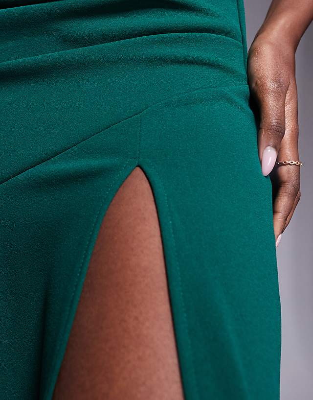 Asos Goddiva Scuba Crepe Off Shoulder Front Split Maxi Dress In Emerald