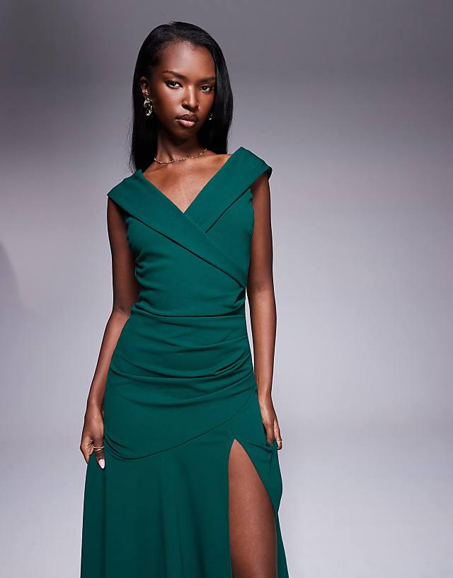 Asos Goddiva Scuba Crepe Off Shoulder Front Split Maxi Dress In Emerald