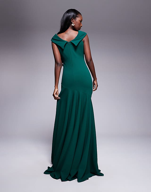 Asos Goddiva Scuba Crepe Off Shoulder Front Split Maxi Dress In Emerald