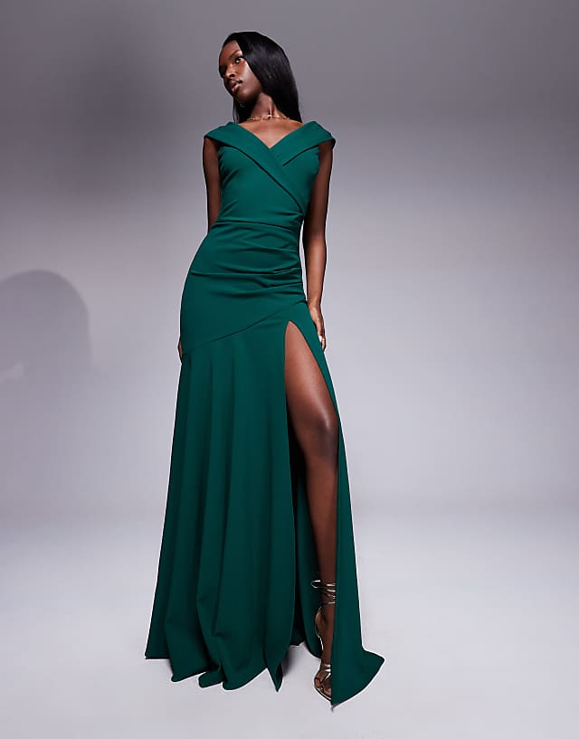 asos Goddiva Scuba crepe off shoulder front split maxi dress in emerald