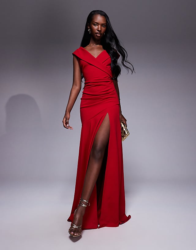 asos Goddiva Scuba crepe off shoulder front split maxi dress in red