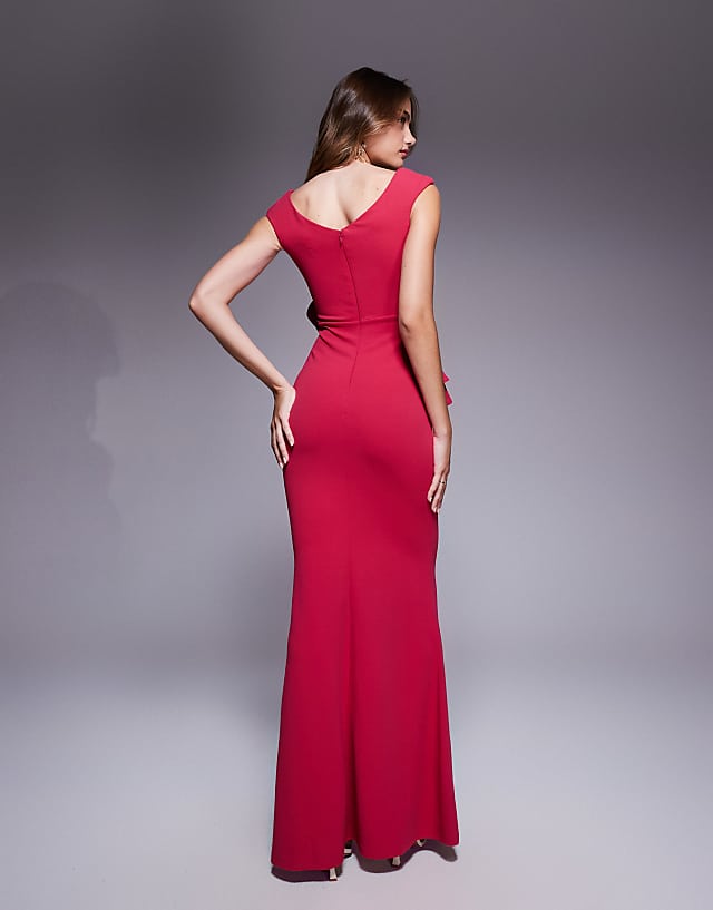 Asos Goddiva Scuba Crepe Rose Frill Maxi Dress In Magenta