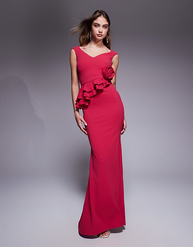 asos Goddiva scuba crepe rose frill maxi dress in magenta