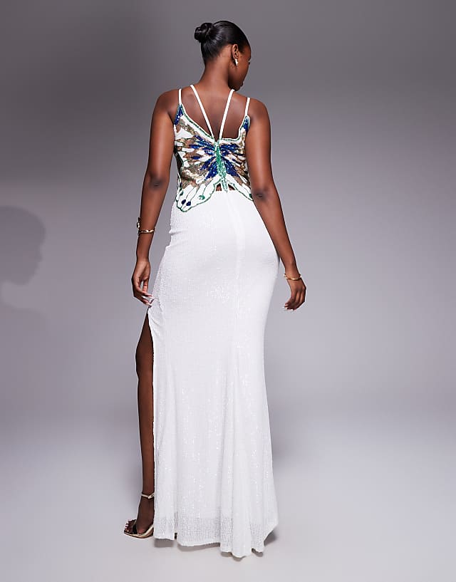 Asos Goddiva Sequin Butterfly Front Split Maxi Dress In White