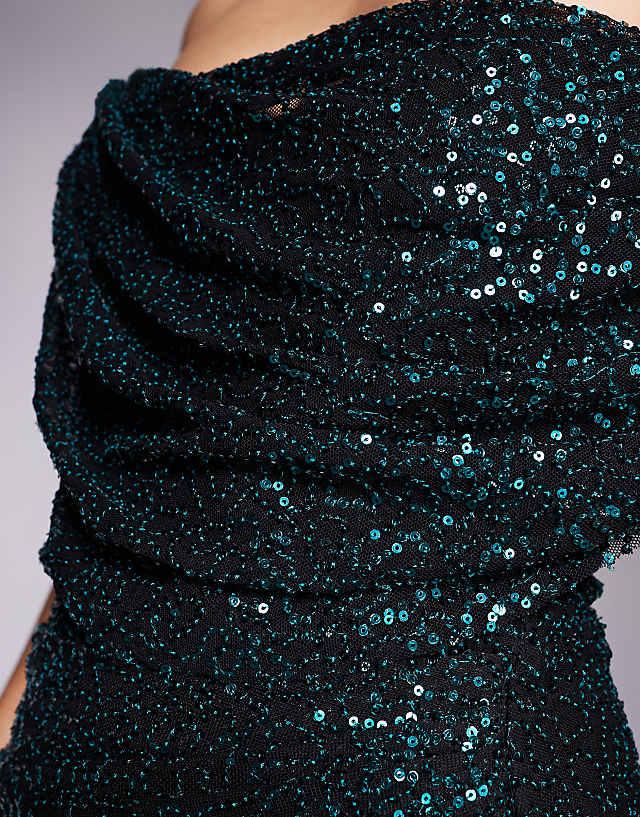 Asos Goddiva Sequin Cowl One Shoulder Midi Dress In Emerald