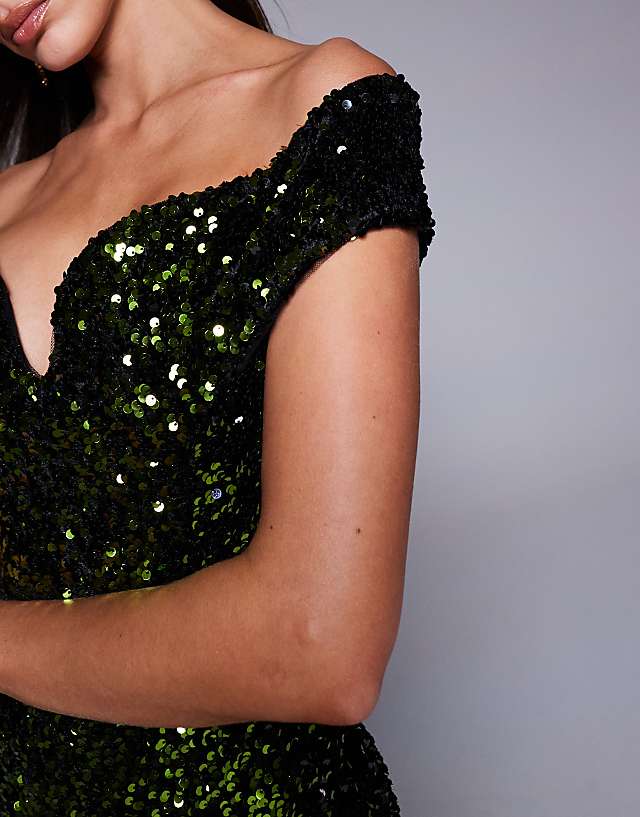Asos Goddiva Sequin Velvet Bardot Evening Maxi Dress In Olive