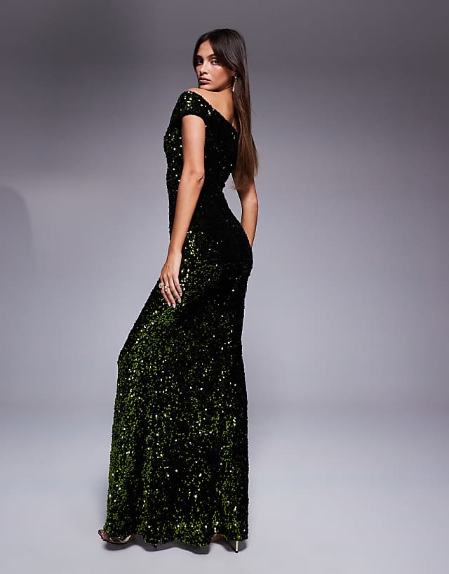 Asos Goddiva Sequin Velvet Bardot Evening Maxi Dress In Olive