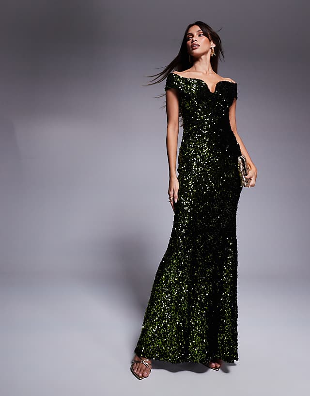 asos Goddiva Sequin velvet bardot evening maxi dress in olive