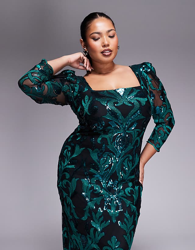 Asos Goddiva Square Neck Scalloped Lace Midi Dress In Emerald