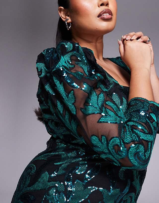 Asos Goddiva Square Neck Scalloped Lace Midi Dress In Emerald