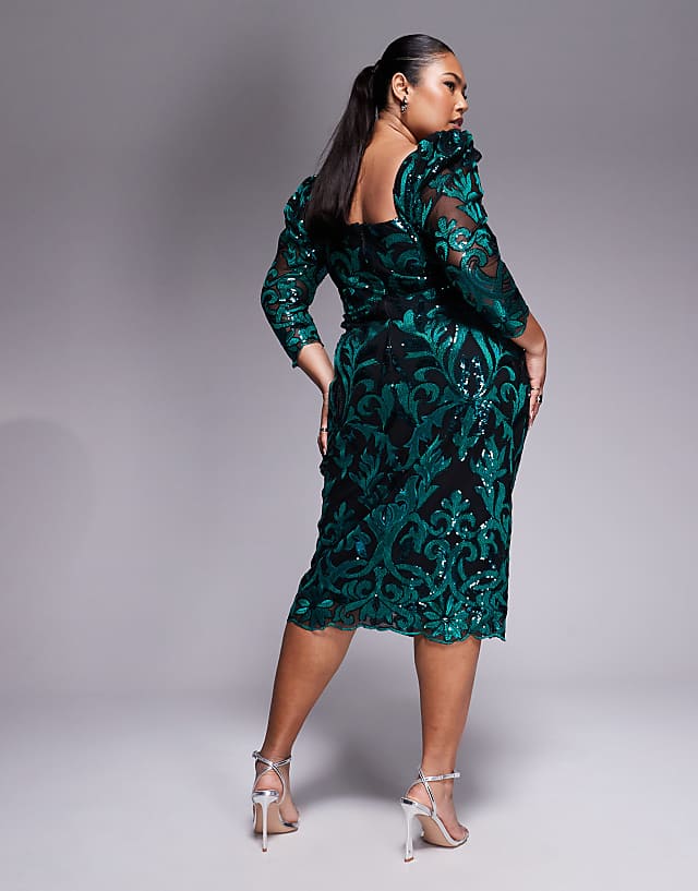 Asos Goddiva Square Neck Scalloped Lace Midi Dress In Emerald