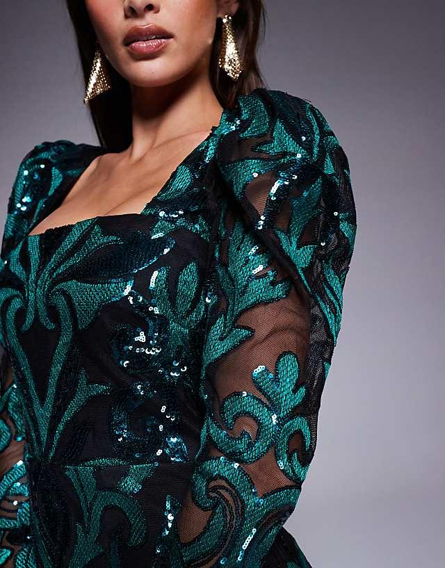 Asos Goddiva Square Neck Scalloped Lace Midi Dress In Emerald
