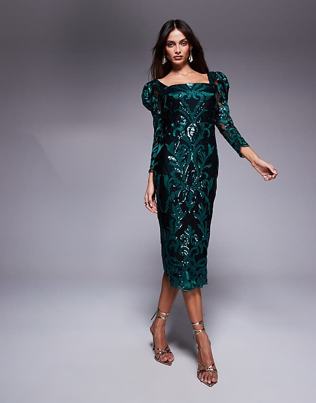 asos Goddiva Square neck scalloped lace midi dress in emerald