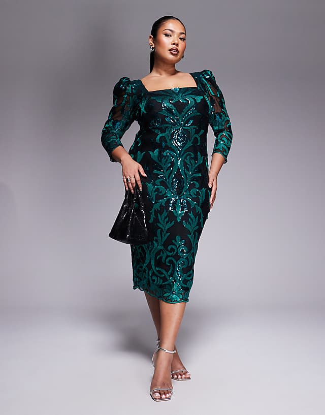 asos Goddiva Square neck scalloped lace midi dress in emerald