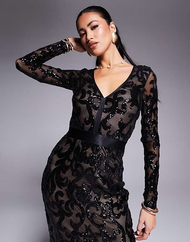 Asos Goddiva Tassel & Sequin Maxi With Front Split In Black
