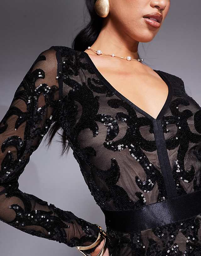Asos Goddiva Tassel & Sequin Maxi With Front Split In Black