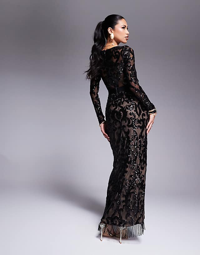 Asos Goddiva Tassel & Sequin Maxi With Front Split In Black