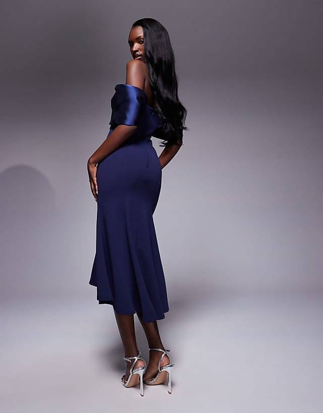 Asos Goddiva Twist Knot Satin & Scuba Bardot High Low Midi Dress In Navy