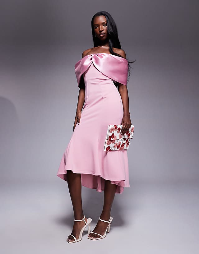 Asos Goddiva Twist Knot Satin & Scuba Bardot High Low Midi Dress In Blush