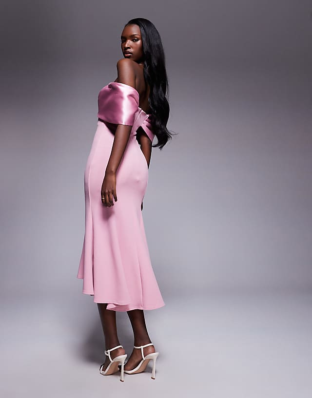Asos Goddiva Twist Knot Satin & Scuba Bardot High Low Midi Dress In Blush