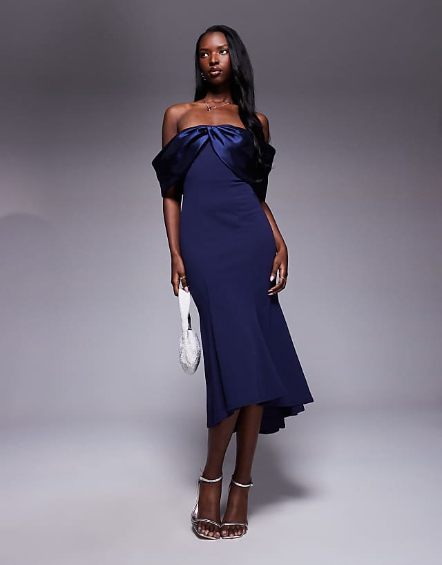 asos Goddiva Twist knot satin & scuba bardot high low midi dress in navy
