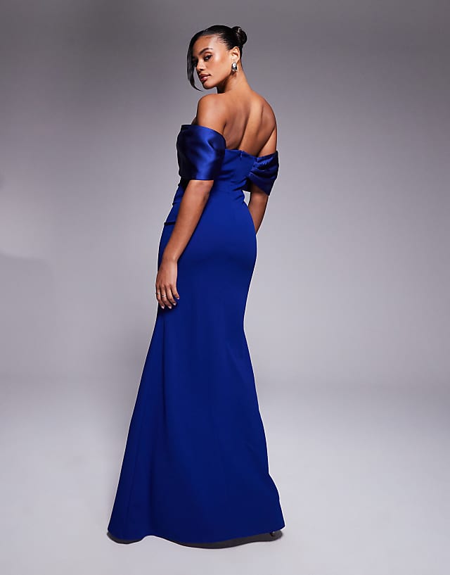 Asos Goddiva Twist Knot Satin & Scuba Bardot Maxi Dress In Royalblue