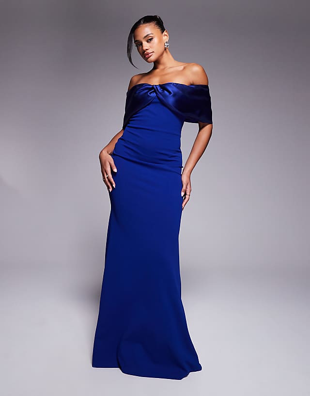 asos Goddiva Twist knot satin & scuba bardot maxi dress in royalblue