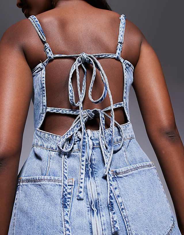 Asos Good American Fit For Success Lite Linen Midi Dress In Mid Blue