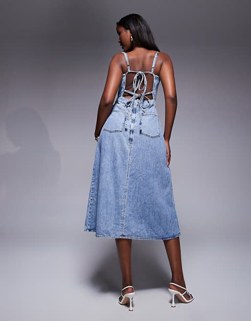 Asos Good American Fit For Success Lite Linen Midi Dress In Mid Blue