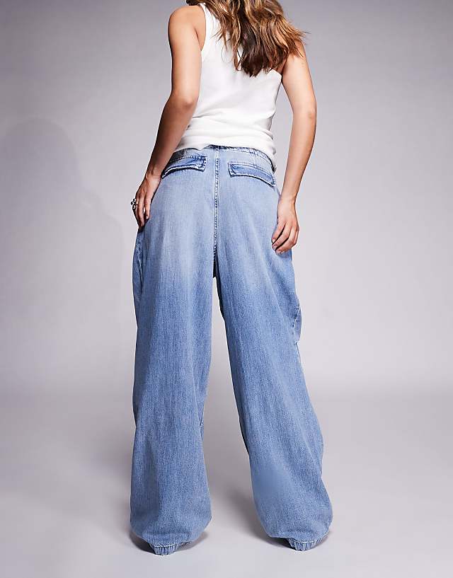 Asos Good American Lite Linen Denim Parachute Pants In Mid Blue
