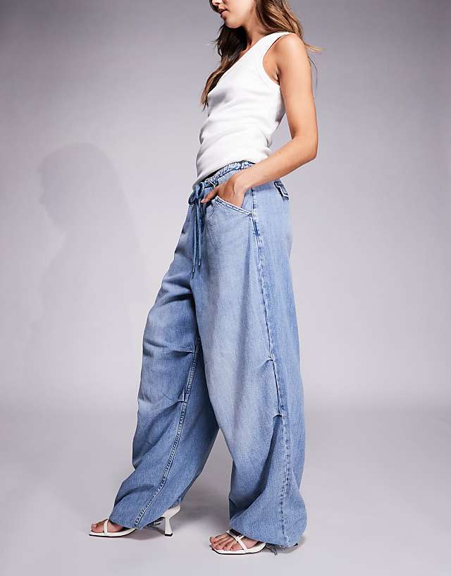 Asos Good American Lite Linen Denim Parachute Pants In Mid Blue