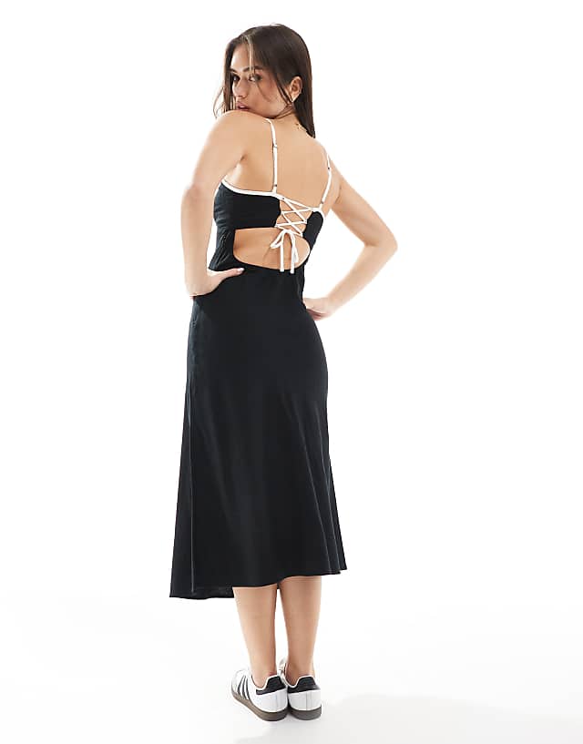 Asos Hollister Linen Slip Maxi Dress With Contrast Binding In Black