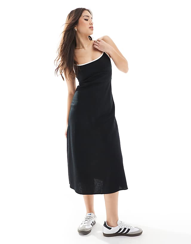asos Hollister linen slip maxi dress with contrast binding in black