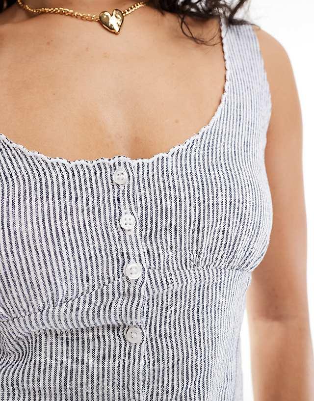 Asos Hollister Low Neckline Linen Button Through Vest In Blue Stripe