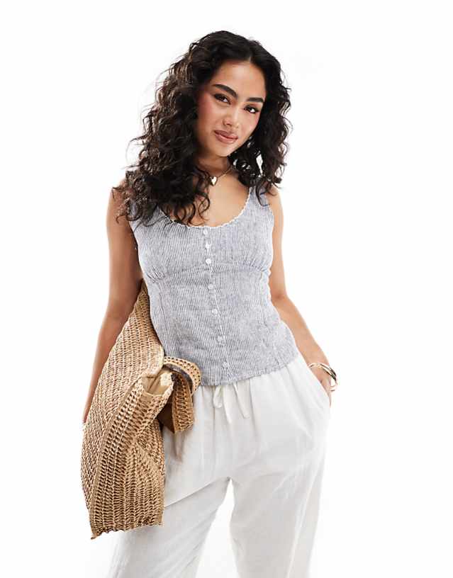 asos Hollister low neckline linen button through vest in blue stripe