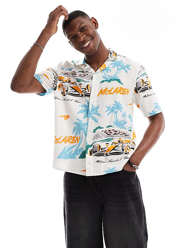 asos Hollister Mclaren printed linen short sleeve shirt in multi