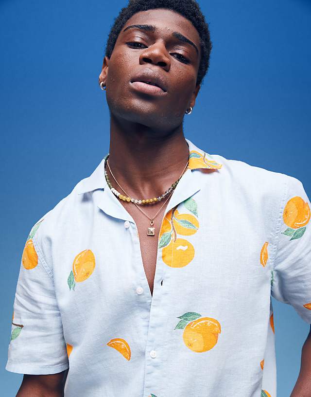 Asos Hollister Orange Printed Linen Short Sleeve Shirt In Multi