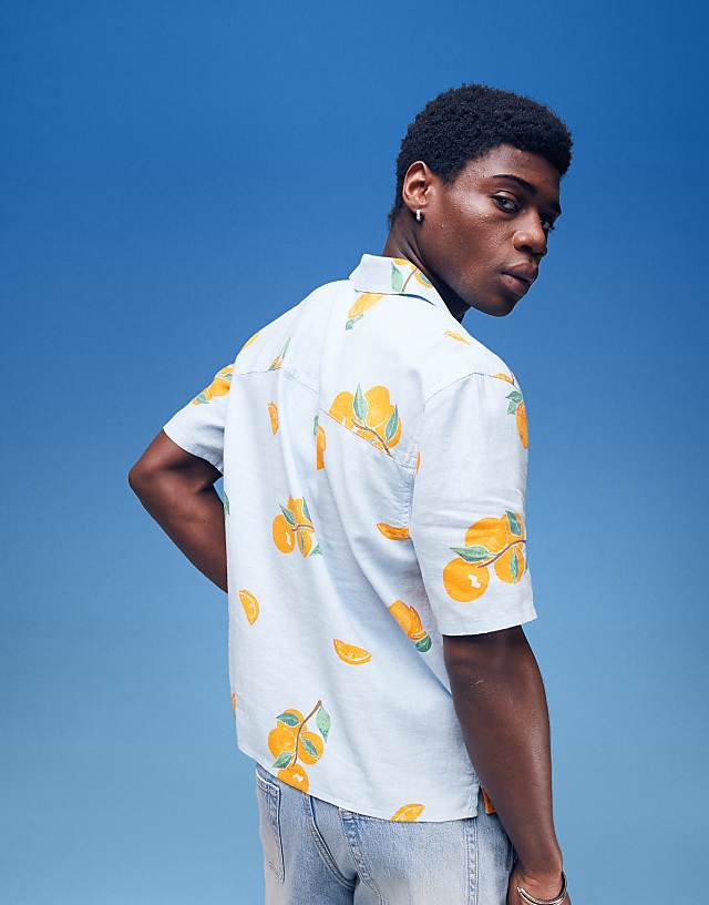 Asos Hollister Orange Printed Linen Short Sleeve Shirt In Multi