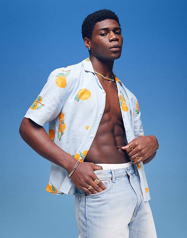 asos Hollister orange printed linen short sleeve shirt in multi